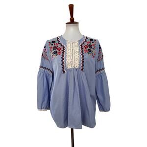 Jennifer & Grace Striped Floral Embroidered Blouse Long Sleeve Blue M Medium